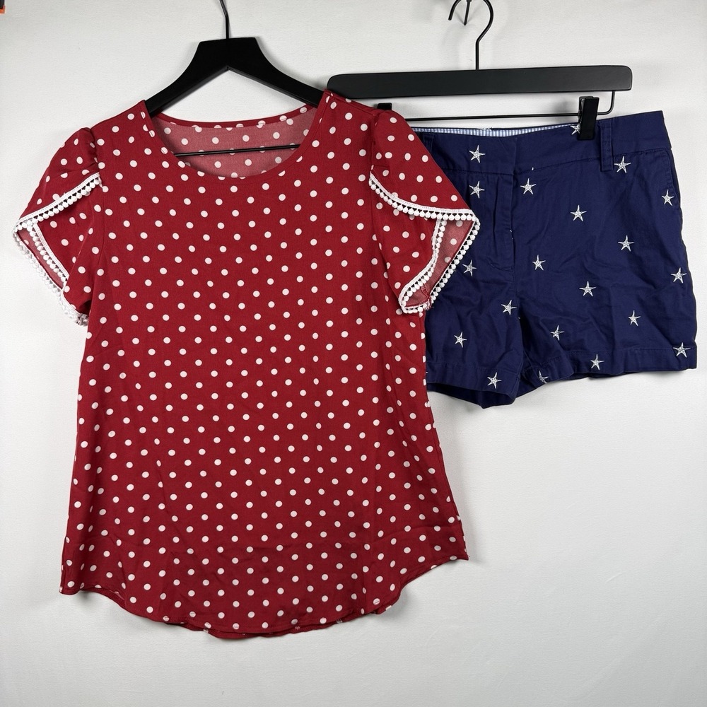 Women's USA Outfit Red White Polka Dot Small Shirt Size 6 Blue White Star Shorts